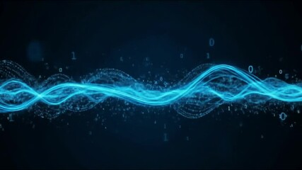 Abstract blue wave pattern with binary code flowing in a dark digital environment background