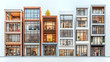 © Your Hand Please - Front view of sleek, modern office buildings with glass facades. Urban architectural design with vertical emphasis. Caption space on the side for business, corporate, or real estate use.