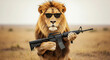 © ARMAN - Majestic lion holding a rifle in a desert background. Creative surreal wildlife illustration with a humorous military concept.
