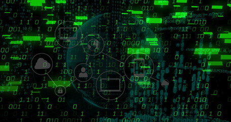 Wall Mural - Showing wireframe globe linking icons and code fragments in cyberspace, with streaming binary code