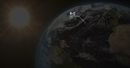 Wall Mural - displaying 3d earth showing western half from orbit, with sun, red-cross marker, ac all clear label