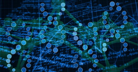 Wall Mural - Visualizing network with green lines linking blue and teal nodes on grid plane, with scrolling code