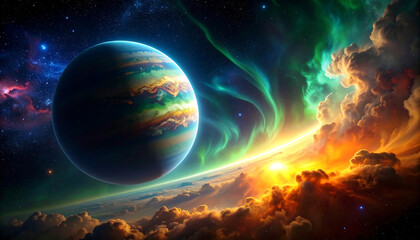 Wall Mural - majestic gas giant planet with swirling colorful clouds and vibrant aurora in deep space with glowin