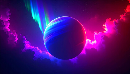 Wall Mural - majestic gas giant planet with swirling clouds illuminated by vibrant neon aurora and colorful cosmi
