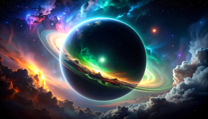 Wall Mural - majestic gas giant with swirling colorful clouds and glowing rings in vibrant cosmic space scene ful