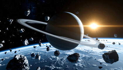 Wall Mural - gigantic ringed planet with icy debris floating in space near bright sun and earth, creating stunnin