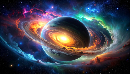 Wall Mural - majestic gas giant with swirling colorful rings and glowing core in vibrant cosmic space scene