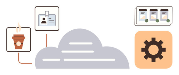 Cloud shape connects coffee cup, ID badge, app screens, and gear. Ideal for technology, innovation, work-life balance, data integration organization software productivity. Simplified flat metaphor