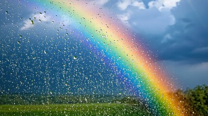 Wall Mural - Raindrops on a window with a rainbow in the background.