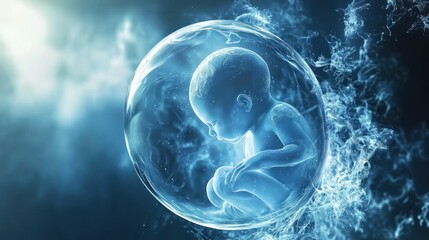 Wall Mural - A transparent sphere containing a baby inside, surrounded by blue and white smoke. The concept of life and growth. The baby is a human fetus.