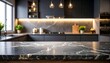 © CreativeCreations - Luxurious black marble table top with a modern dark kitchen interior in soft focus. Empty countertop with warm LED lighting, creating an elegant backdrop for product placement or design.