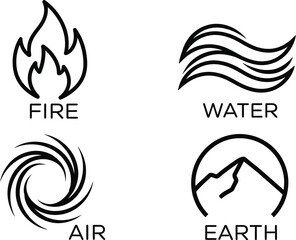 Vector art of four elements symbols representing fire, water, air, and earth isolated on white background