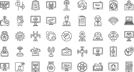 Vector art of a comprehensive set of minimalist tech icons, representing various aspects of modern technology and digital communication