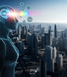 © rasolmar - Digital wireframe profile of a human head, radiating light and connected to glowing cellular spheres, against a city backdrop. AI and future tech concept.