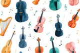 Watercolor pattern featuring violins, cellos, a harp, and colorful musical notes on a white background.