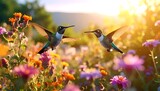 Two hummingbirds in flight amidst vibrant flowers bathed in golden sunlight