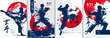 © Nadin_Koryukova - Dynamic and Exciting Martial Arts Posters Featuring a Wide Range of Various Action Silhouettes. Karate posters in grunge abstract style. Translation of hieroglyphs: karate.