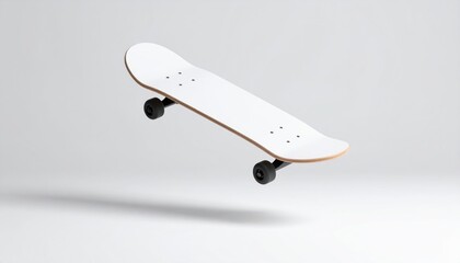 Wall Mural - white hovering skateboard mockup with black wheels casting a shadow on clear background isolated bac