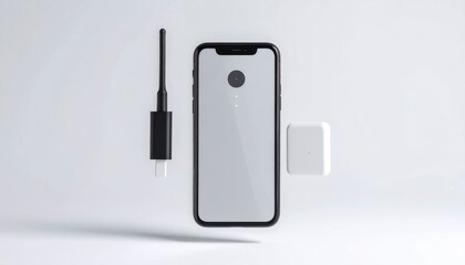 Wall Mural - sleek mobile hotspot mockup with charging cable on white background minimalist design isolated backg