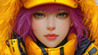 © Kai - Close up portrait of a young woman with pink hair and yellow jacket