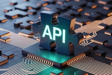 Blue puzzle piece with A P I text glowing on circuit board application programming interface technology