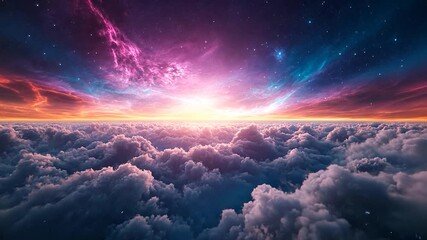 Wall Mural - vibrant sunset over a boundless expanse of fluffy white clouds, with a cosmic backdrop of nebulae in