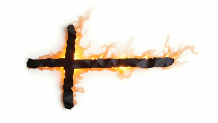 Symbol A cross mark crafted from burnt paper, styled in a burned concept, viewed in angled burn layout on white background (2)