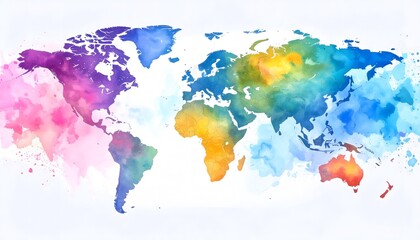 Naklejka na meble Watercolor World Map with Vibrant Hues and Artistic Splatters on White Background