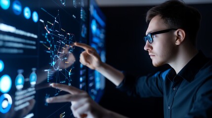 Wall Mural - business professional interacting with a virtual display of e-learning modules, including ai tools, 