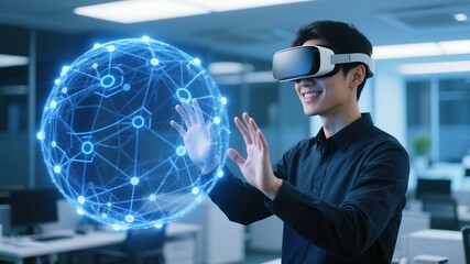 man using virtual reality headset interacting with digital sphere in modern office environment desig