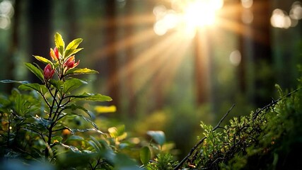 Wall Mural - sunlight streams through a forest, illuminating a small plant with vibrant pink flowers and green le