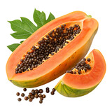 Freshly cut ripe papaya fruit with seeds and green leaves isolated on transparent background