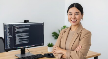 3d illustration of smiling software developer standing in front of computer