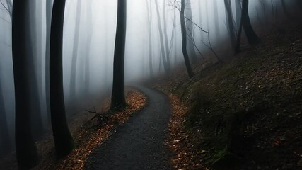 Wall Mural - a winding path through a dark, foggy forest. tall trees obscure the sunlight, creating a mysterious 
