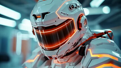 Wall Mural - Close-up of a futuristic white astronaut helmet with orange LED lights, set in a blurry, industrial-looking background. The helmet's visor reflects light, creating a mysterious atmosphere