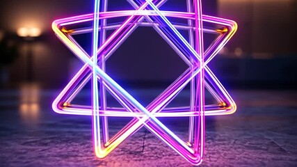 Wall Mural - neon light star shape on dark floor, purple and orange glow, reflective surface, blurred background.