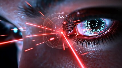 Wall Mural - close-up of a woman's eye with red and blue light streaks, creating a futuristic, vibrant effect. he