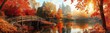 © Visual Enigma - Autumnal landscape with a wooden bridge over a tranquil lake. Vibrant fall colors paint the trees lining the water's edge, creating a serene and picturesque scene