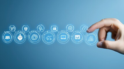 Hand interacting with a digital interface button featuring various icons for seamless user experience