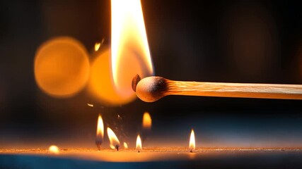 Wall Mural - close-up of a lit matchstick against a dark background with bokeh lights. sparks are visible below t