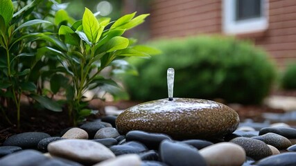 Wall Mural - close-up view of a small water fountain, shaped like a brown stone, surrounded by gray and white peb