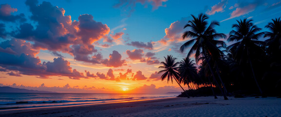 Wall Mural - A breathtaking sunset paints the sky with vibrant hues of orange and pink, casting silhouettes of palm trees against a tranquil beach. Gentle waves caress the shore.