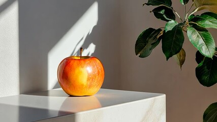 Wall Mural - red yellow apple on white marble surface, sunlight and shadows, green plant in background. minimalis