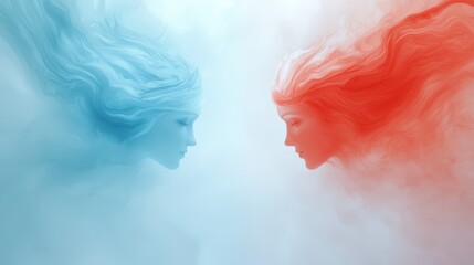Wall Mural - dynamic interplay of red and blue smoke surrounding two women, a vibrant visual contrast