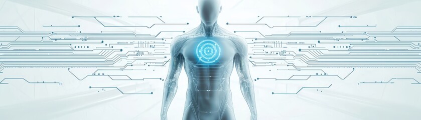 Wall Mural - intricate futuristic head design of a man against circuitry background, glimpse into tomorrow