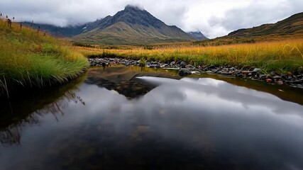 Wall Mural - serene landscape featuring a calm stream reflecting a mountain under a cloudy sky. autumnal colors h