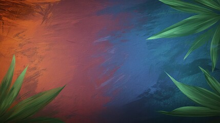 Wall Mural - abstract painting of leaves on a red and blue background, vibrant artistic representation of nature