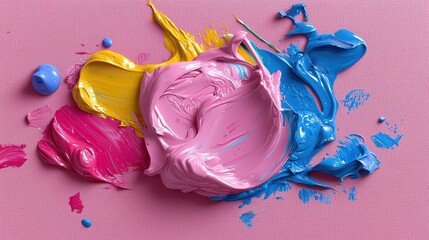 Wall Mural - vibrant abstract art, pink canvas with blue and yellow paint splashes pink