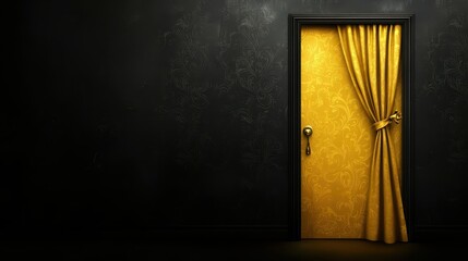 Wall Mural - striking contrast, a bright yellow door on mysterious black background vibrant