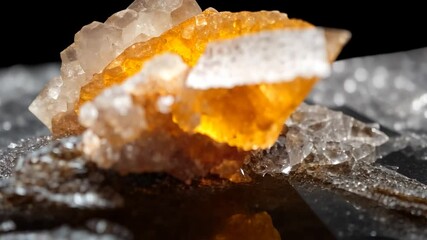 Wall Mural - close-up view of an orange crystal cluster on a dark gray surface, set against a black background. t